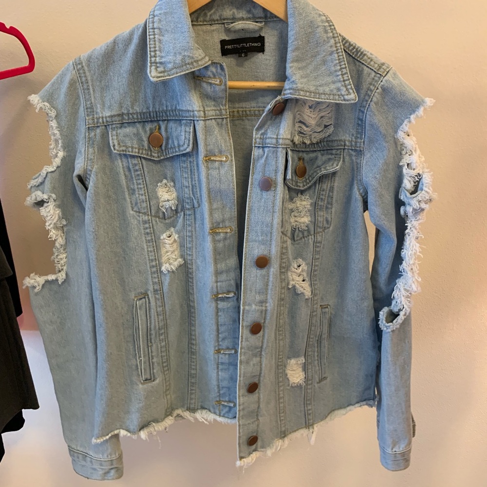 Pretty Little Thing Distressed Denim Jacket sz M